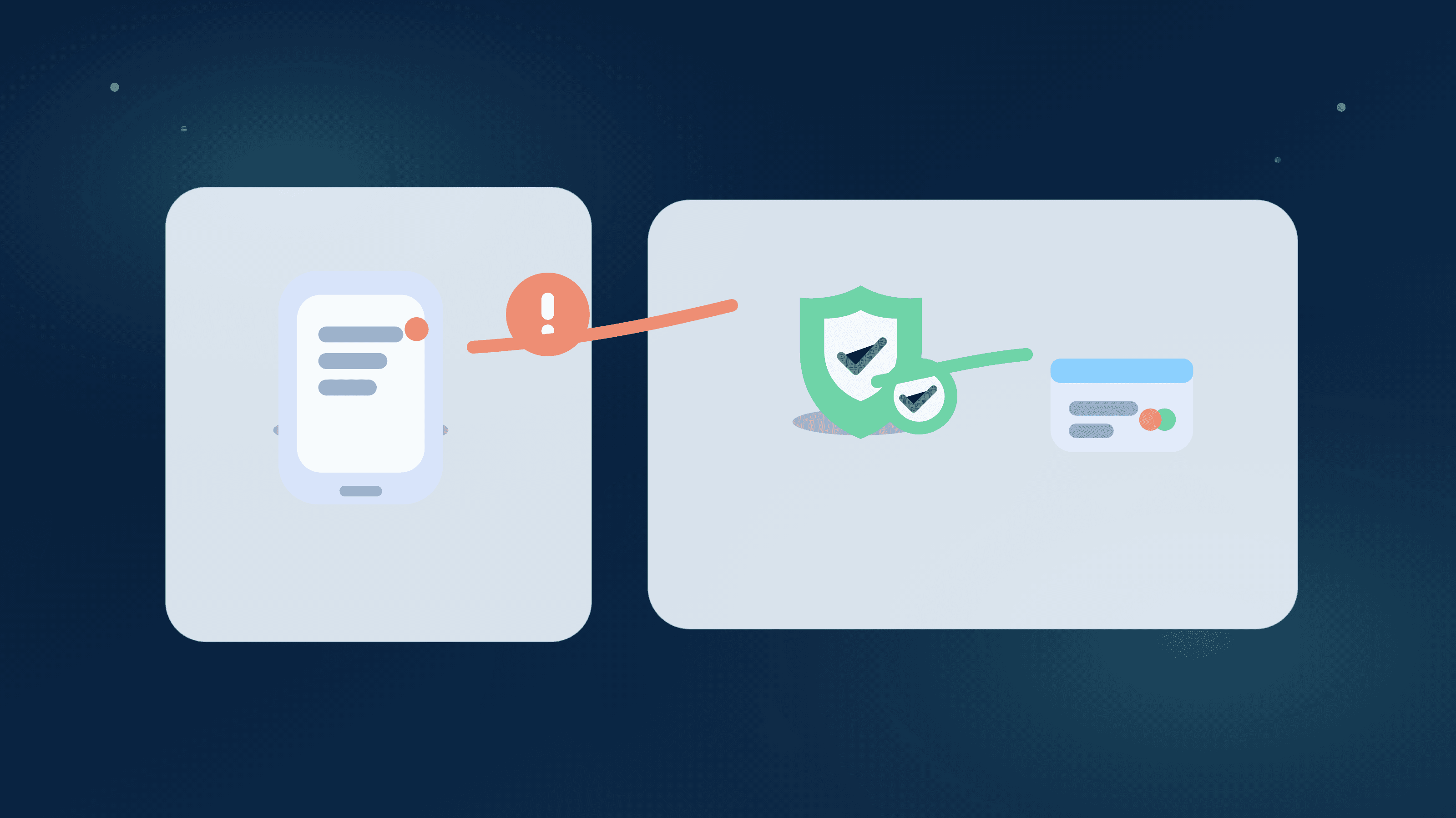 Editorial illustration of suspicious text alert being routed through trusted verification steps