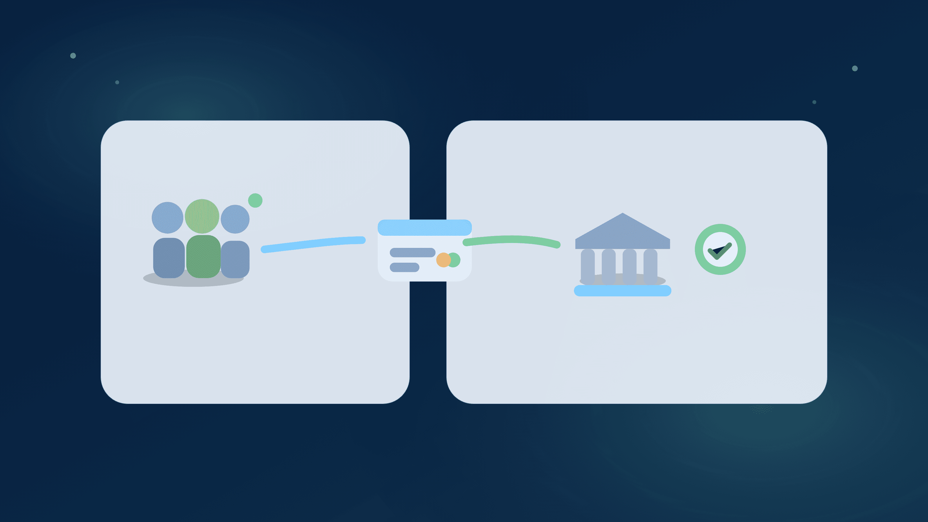 Editorial illustration of shared household bills flowing through different payment rails into one confirmed ledger