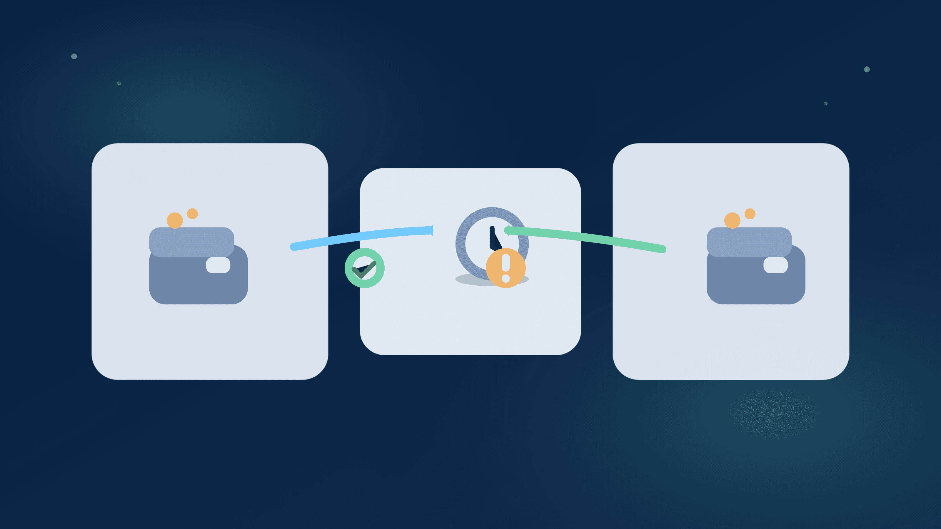 Editorial illustration showing delayed peer transfer flow with timing checkpoint and resolution
